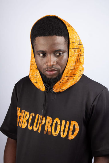 #HBCU Hooded Tshirts with Kangaroo Pockets Ankara Text Patchwork on Black