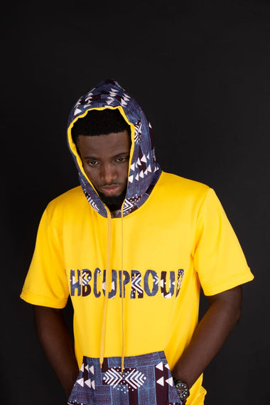 #HBCU Hooded Tshirts with Kangaroo Pockets Ankara Text Patchwork on Yellow