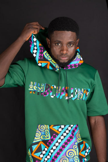 #HBCU Hooded Tshirts with Kangaroo Pockets Ankara Text Patchwork on Green