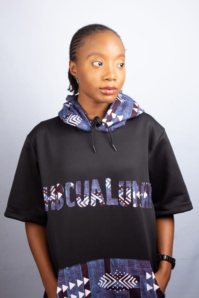 #HBCU Hooded Tshirts with Kangaroo Pockets Ankara Text Patchwork on Black