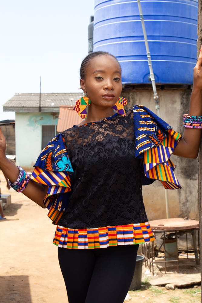 BARRISTER ABBY Net Top With Multi-Layered Ankara Designed Arms