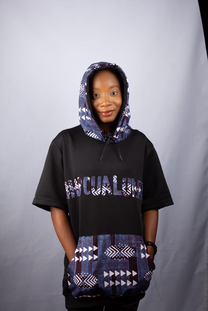 #HBCU Hooded Tshirts with Kangaroo Pockets Ankara Text Patchwork on Black